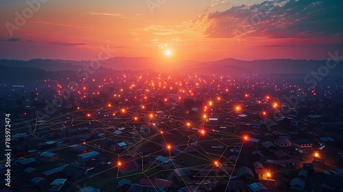 Digital innovation  with city skyline landscape from above at night concept of wireless telecommunications internet light grid photo