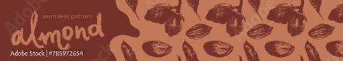 Almond banner with almonds seamless pattern. Hand-drawn illustrations of nuts for web banner, oil packaging or marzipan paste label design. Vector floral sketches background, almond ornament.