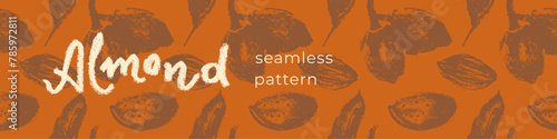 Almond banner with almonds seamless pattern. Hand-drawn illustrations of nuts for web banner, oil packaging or marzipan paste label design. Vector floral sketches background, almond ornament.
