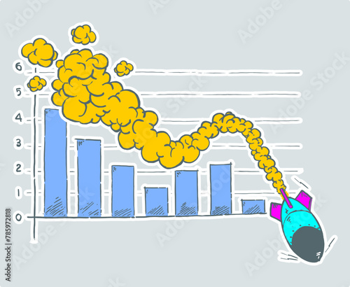 Rocket with yellow smoke trail shoots downwards on bar graph with dramatic decline. Concept of downward trend and statistic in hand-drawn.