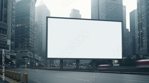 Blank billboard in the city for business advertisement on skyscrapers background.
