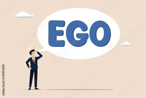 Big ego, overconfident boss, self-important mistake concept, overconfident businessman with big EGO bubble. photo