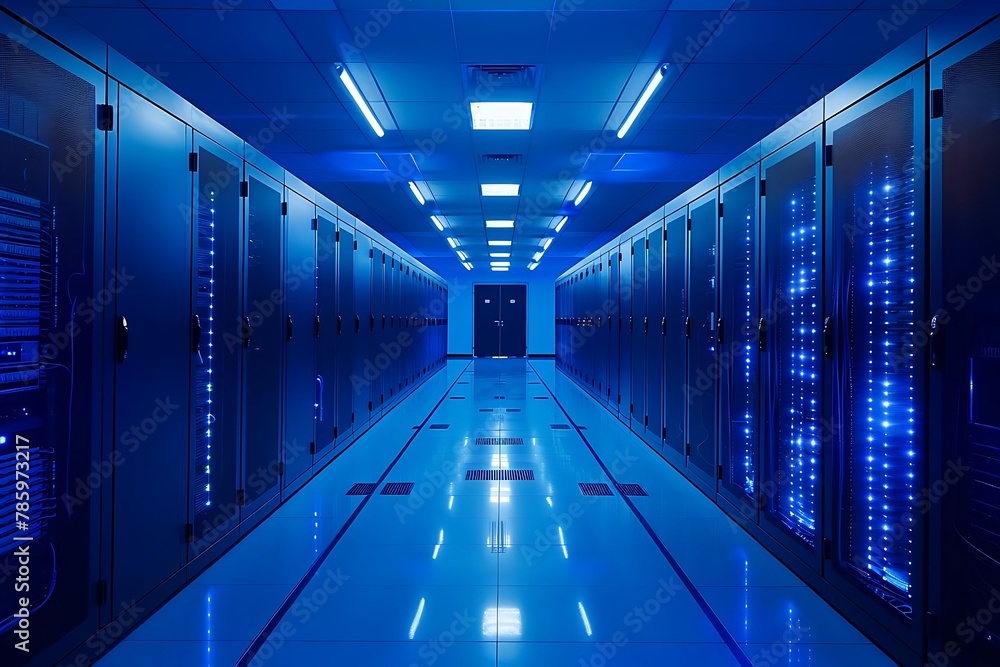 a corridor of a modern data center with rows of high-tech server racks, illuminated by cool blue LED lights. a corridor of a modern data center with rows of high-tech server racks, illuminated by cool blue LED lights.