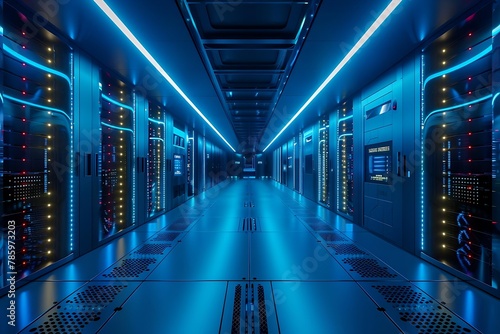 a corridor of a modern data center with rows of high-tech server racks, illuminated by cool blue LED lights.