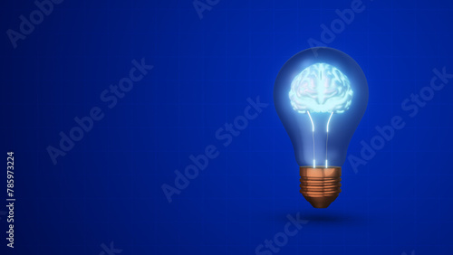 Glowing human brain in a lightbulb on a blue background