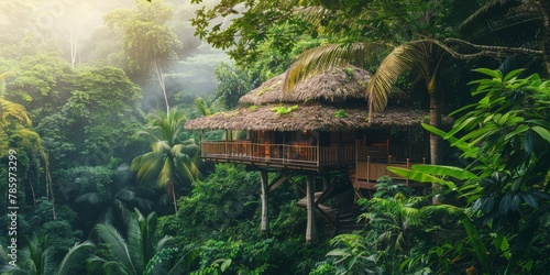 A small house is nestled in the middle of a lush jungle