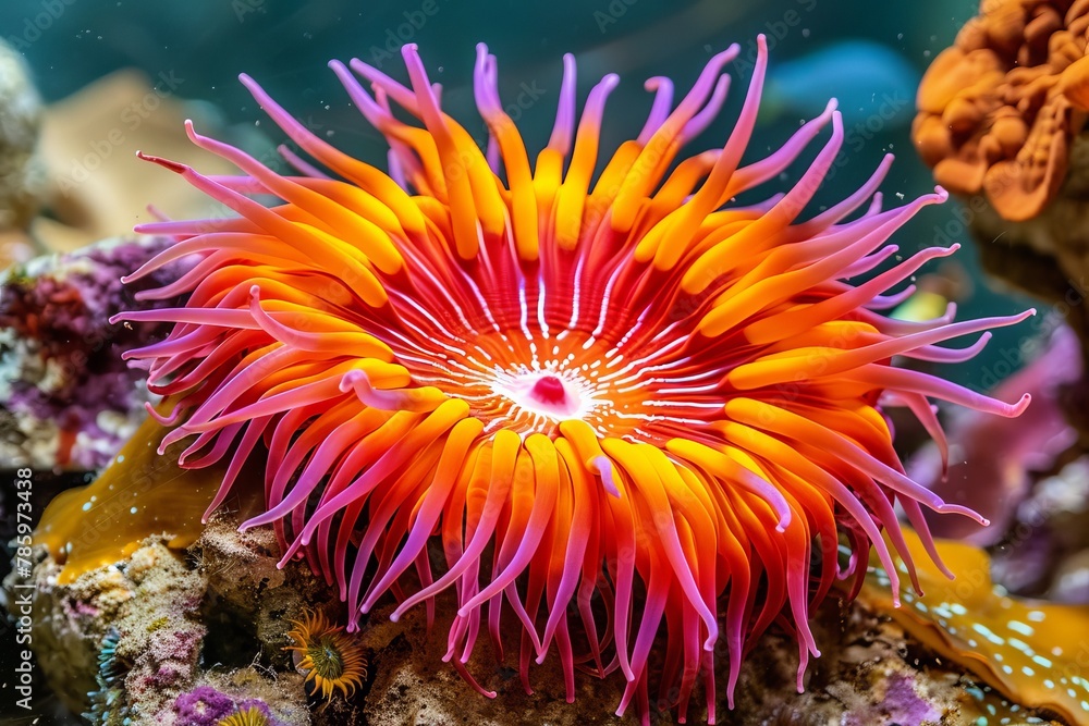 Vivid sea anemone thriving in a mesmerizing and diverse underwater coral reef environment Vivid sea anemone thriving in a mesmerizing and diverse underwater coral reef environment