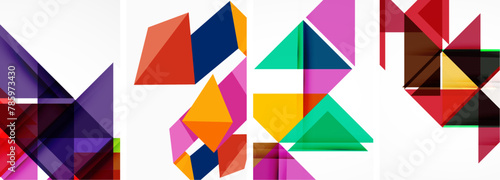 A vibrant display of colorful triangles in shades of magenta and electric blue on a white background, creating a symmetrical pattern with geometric artistry