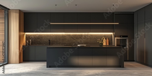 A modern kitchen with a black countertop and a black island