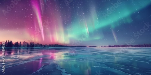 A beautiful night sky with a purple aurora borealis photo