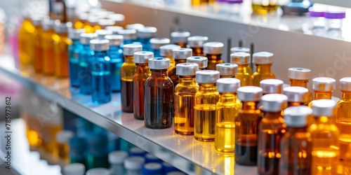 A shelf of medicine bottles with different colors and sizes