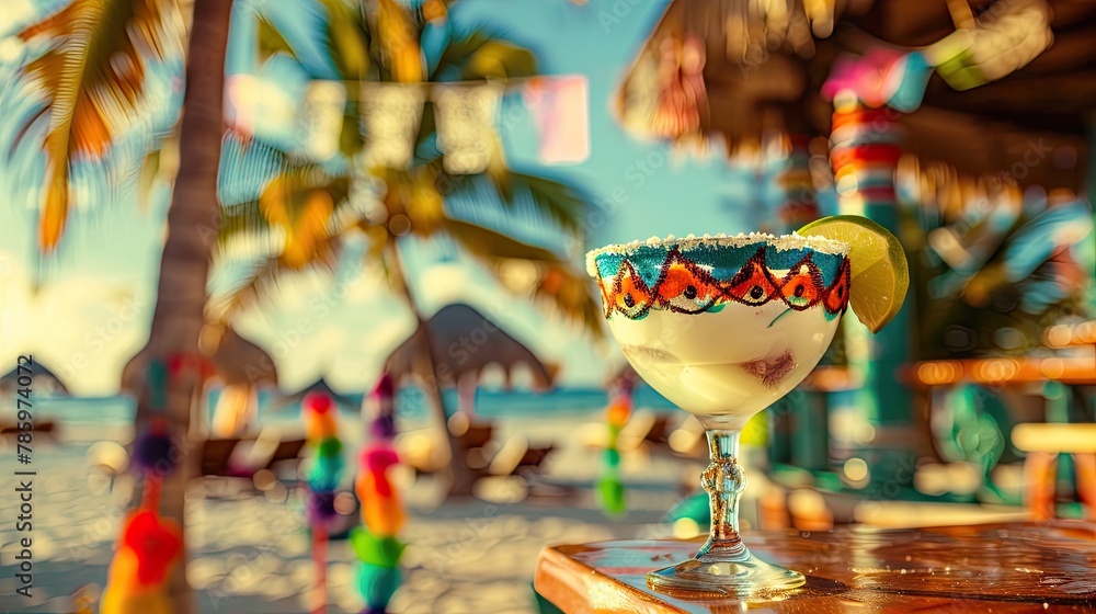 Tropical Beach Getaway: Relaxing Vacation Scene with Colorful Cocktail - obrazy, fototapety, plakaty 