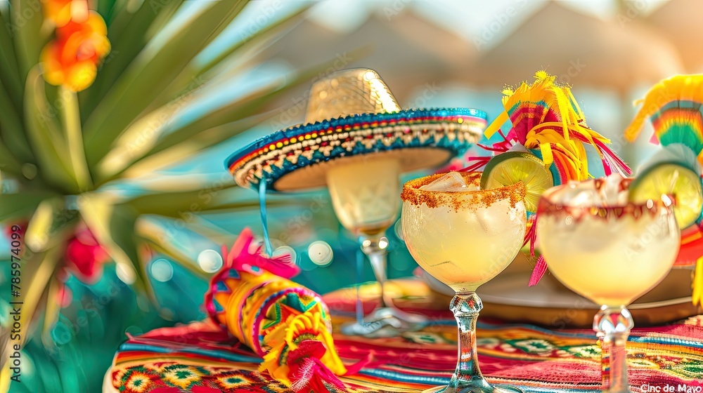 Vibrant Mexican Fiesta Celebration with Margaritas, Sombrero, and Pinata