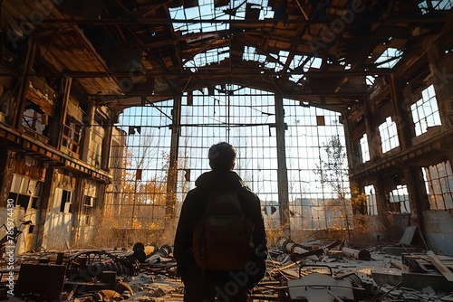 an engineer standing inside an immense, abandoned industrial complex