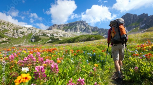 A hiker stopping to admire a field of blooming wildflowers. 