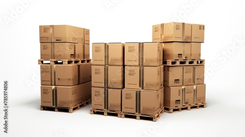 Stack of cardboard boxes or cargo box on wooden pallet isolated on white background.