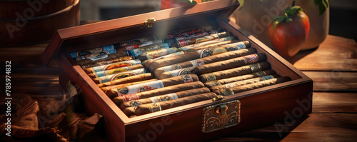 Vintage cigars in an open wooden box
