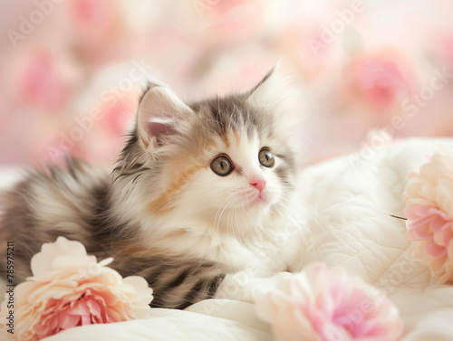 A fluffy tricolor kitten lies among soft pink blossoms on a white quilt.