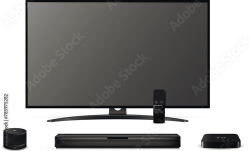 Blank television screen, soundbar, tv set-top box and smart speaker.