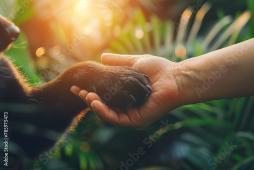 Bond of love human hand gently touches dog s paw, symbolizing friendship and affection