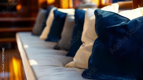 Plush velvet cushions in shades of navy and cream adorn the comfortable seating area on the yachts deck. The shiny finish of the polished teakwood flooring catches the light photo