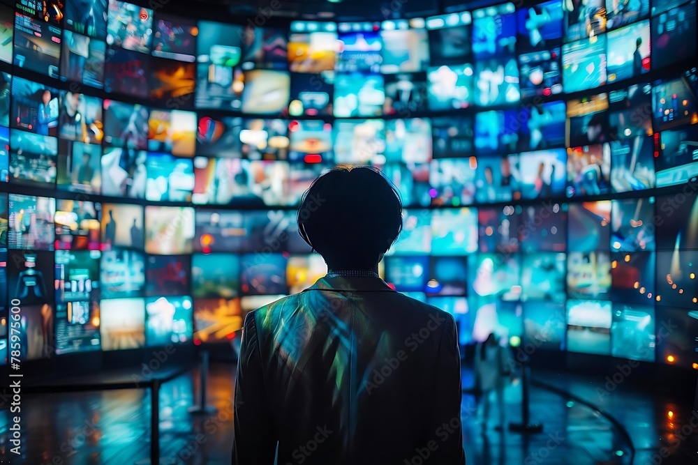 A person standing in a modern control room facing a large curved wall of screens A person standing in a modern control room facing a large curved wall of screens