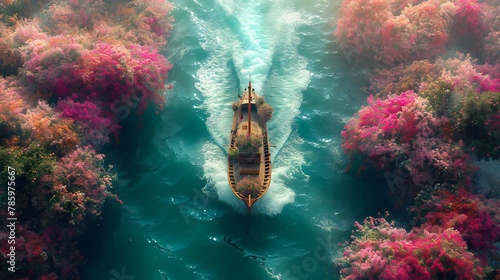 Above view of a vessel, flowers adorning, sailing through the enchanting confluence of hot and cold waters. photo