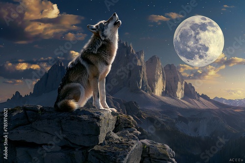 Wolf on a rock against the background of the mountains and the moon