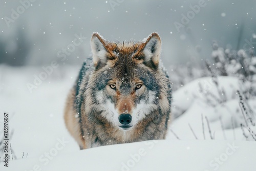 Gray wolf in the snowy forest   Wildlife scene from wild nature