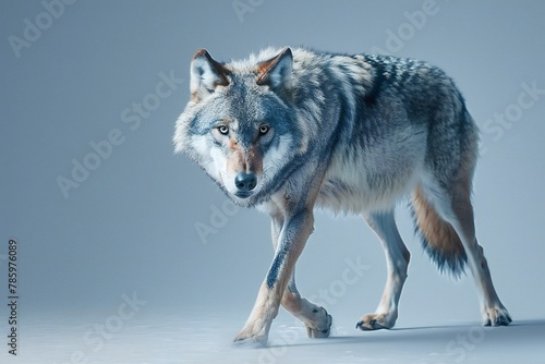 Walking gray wolf on a gray background, rendering