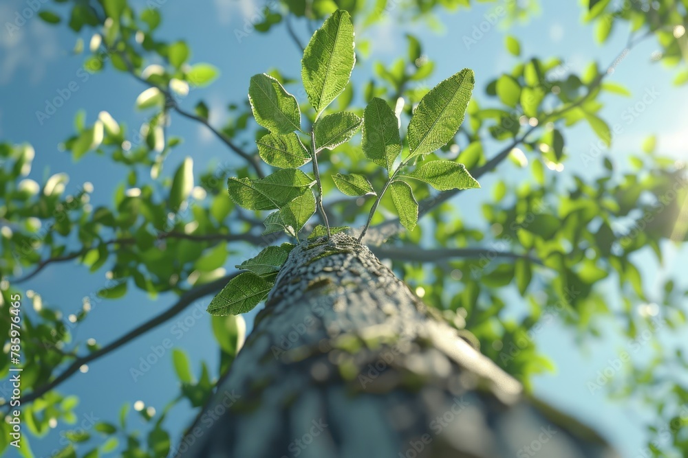 Fototapeta premium Big old tree with green leaves and sunbeams on blue sky background