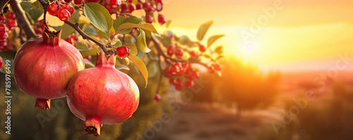 Ripe pomegranates in orchard during sunset photo