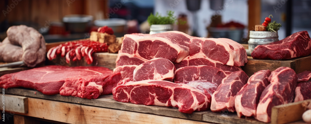 Fresh meat cuts displayed at a market stall