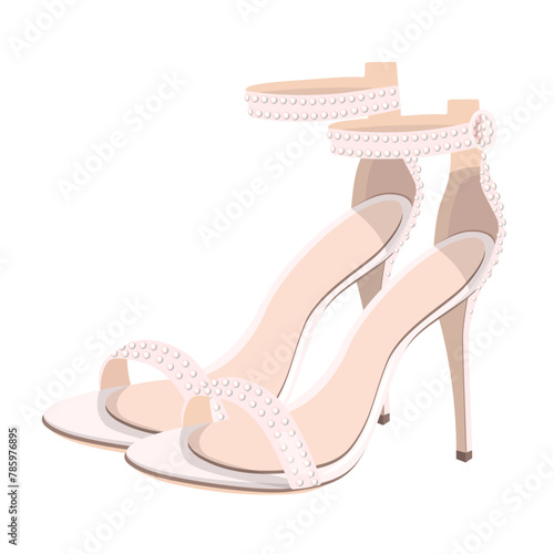 Women's high-heeled sandals decorated with beige rhinestones. Vector illustration of festive women's shoes.