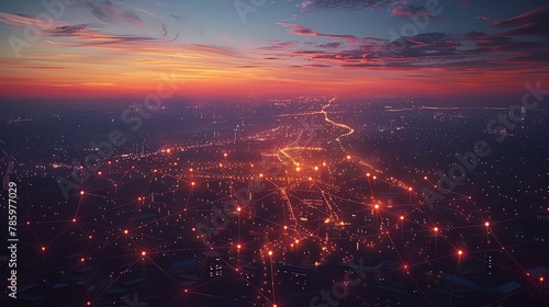Aerial night scene of city grid with light concept of data connectivity