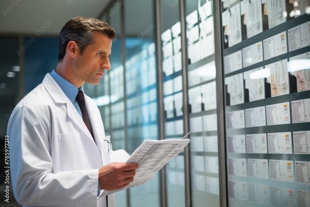 Fototapeta premium Male, 40, Canadian oncologist, reviewing patient charts in the oncology department