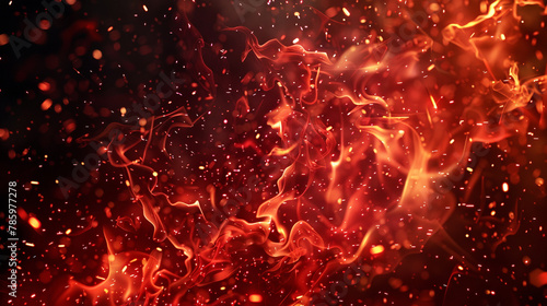Intense red particles evoke flames against the darkness.