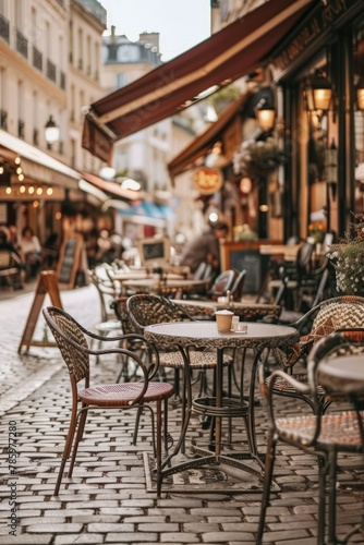 A charming sidewalk café in a European city square, with wrought iron bistro chairs, cobblestone streets, and lively street performers, Generative AI