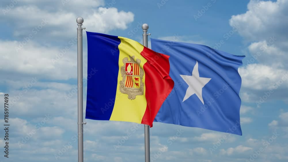 Somalia and Andorra two flags waving together, looped video, two country cooperation concept Somalia and Andorra two flags waving together, looped video, two country cooperation concept