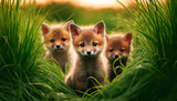 An adorable of a litter of three young foxes emerging from their den amidst tall green grass. The foreground is focused on the lush
