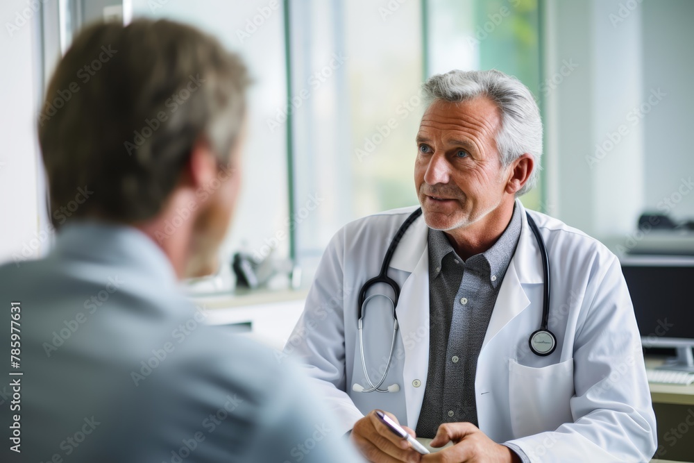 
Male, 55, German cardiologist, consulting with a patient in a cardiology clinic