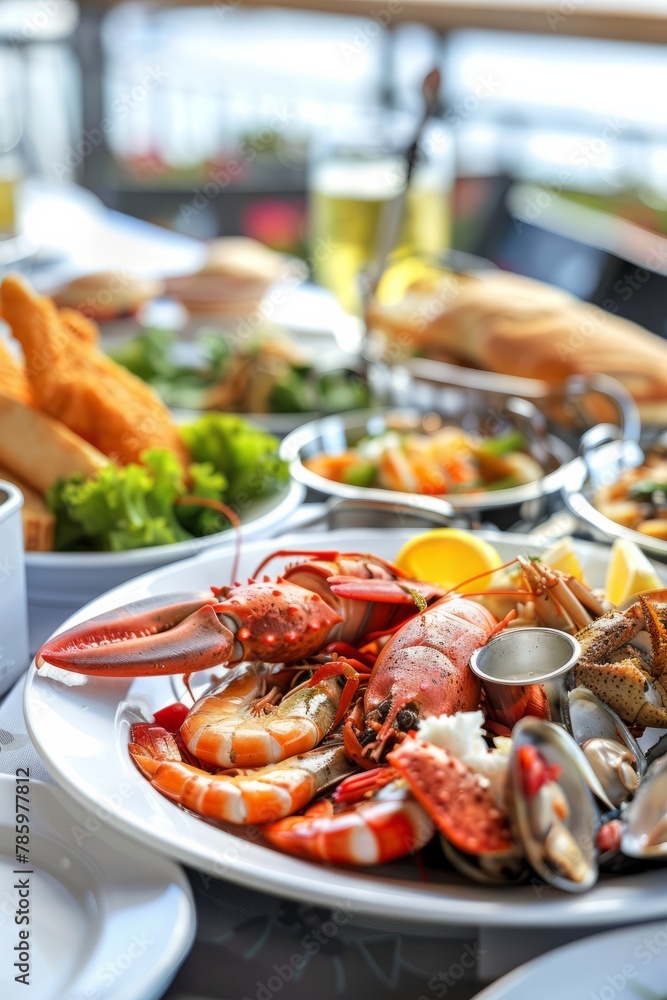 A coastal seafood café with dockside seating, serving up fresh catch-of-the-day dishes and seafood specialties with waterfront views, Generative AI A coastal seafood café with dockside seating, serving up fresh catch-of-the-day dishes and seafood specialties with waterfront views, Generative AI