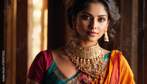 Beautiful Indian woman in traditional saree and jewelry