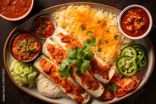 A festive platter of chicken enchiladas, smothered in tangy red sauce and melted cheese, served with a side of Mexican rice and refried beans