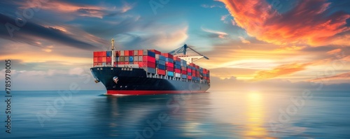Container ship sailing in ocean.  Cargo ship oncept. banner photo