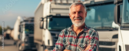 Senior Truck driver standing in front of cargo trucks background. banner.