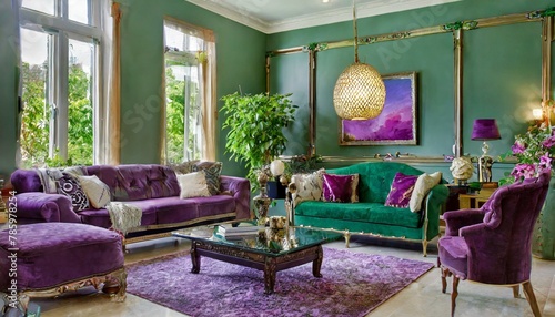 Luxuriöses Wohnzimmer in grün und lila photo