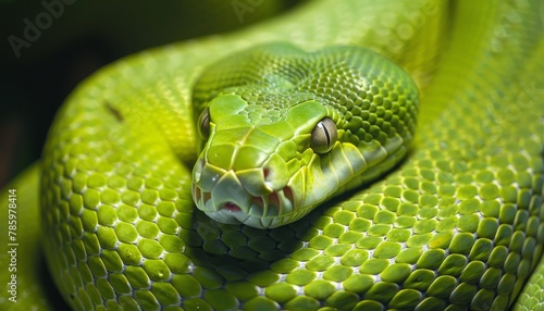 Close up of a mesmerizing emerald green snake in the vibrant tropical rainforest