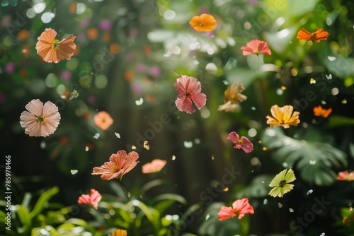 Levitating spring flowers in a garden and petals, wallpaper background © Radmila Merkulova