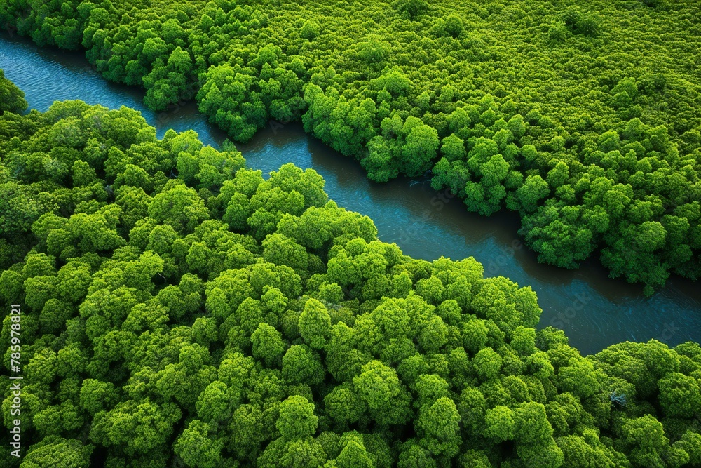 Aerial view of a river and green forest,  Nature background